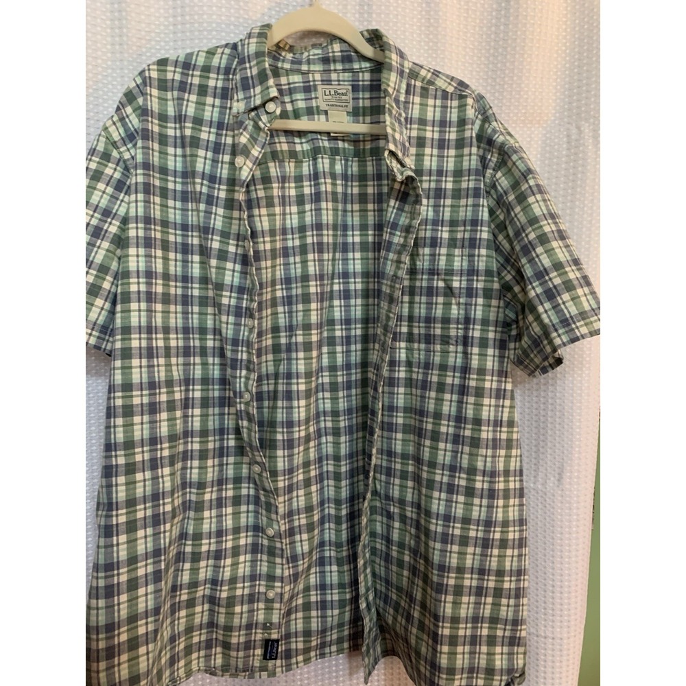 LL Bean Men Size XL TALL Shirt Button Down Top Short Sleeve Green Check Plaid‎